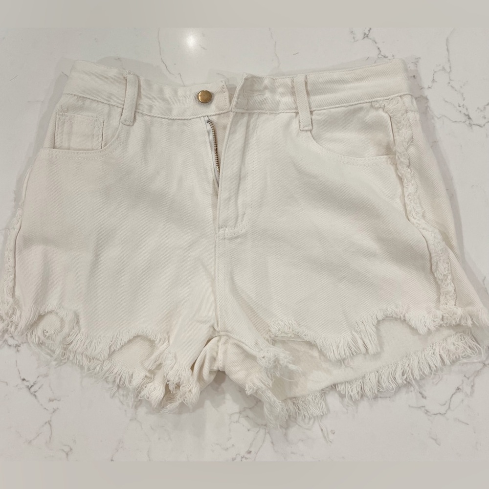 White Jean Shorts - With Fringe at the Bottom